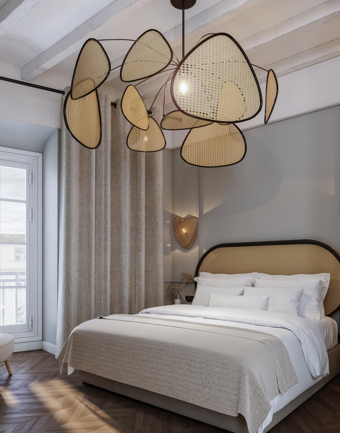 Bedroom With Double Bed And Artistic Chandelier